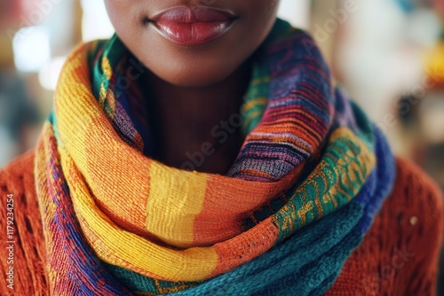 Vibrant layers of colorful handwoven scarf on woman's neck. photo