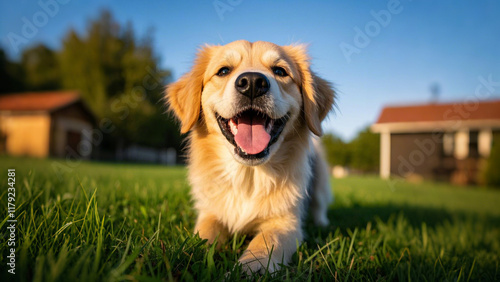 A golden retriever (dog) is happily playing on the grass photo