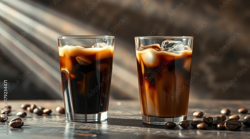 Milk Being Poured Into Iced Coffee on a table Milk Being Poured Into Iced Coffee on a table