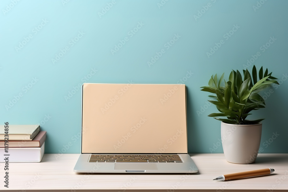 Fototapeta premium Superb Blank notebook with pen and with glasses next to cup of coffee on wooden table