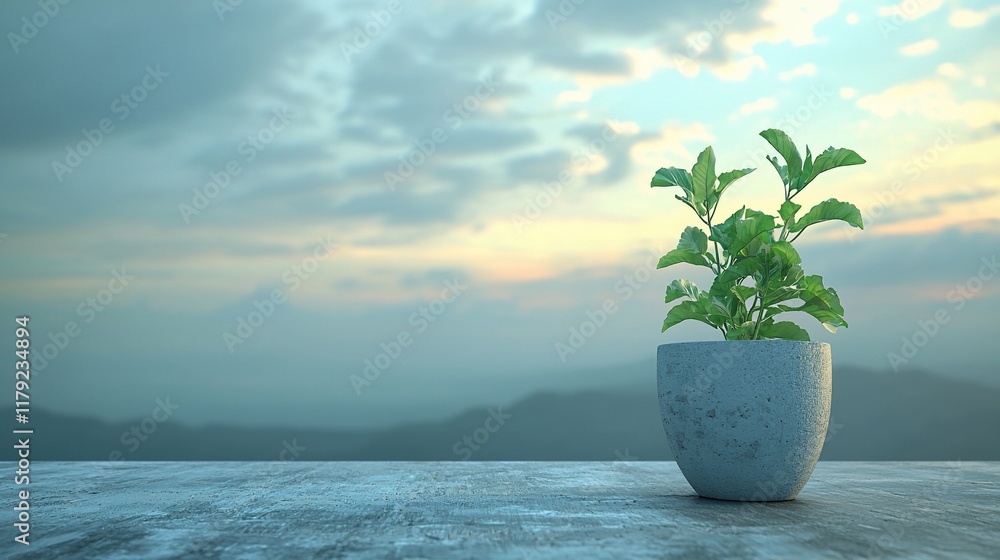 Small plant in pot on table, mountain view. Small plant in pot on table, mountain view.