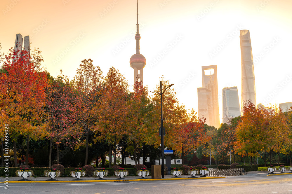 Morning sun rise of Shanghai city modern skyscraper cityscape and red maple foreground, autumn season behind pollution haze, view from the bund in Shanghai, China.