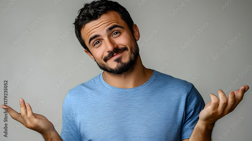 Portrait of a Young Man Expressing Confusion with Shrugged Shoulders and Raised Hands Portrait of a Young Man Expressing Confusion with Shrugged Shoulders and Raised Hands