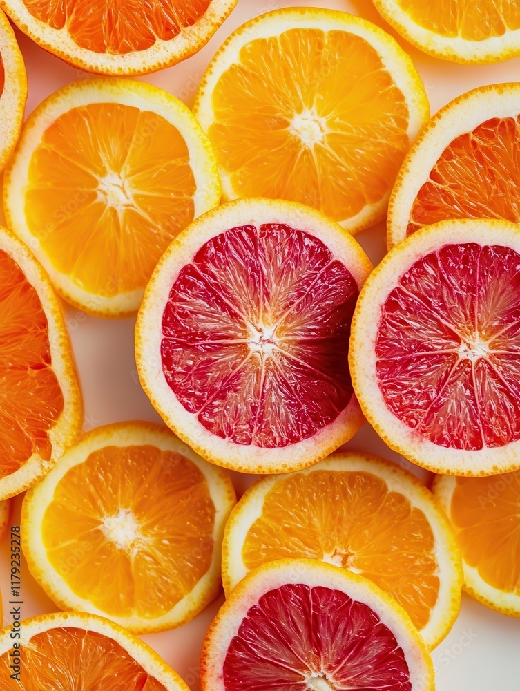 Freshly sliced oranges and blood oranges displayed in an artistic manner. The vibrant colors create an eye-catching arrangement perfect for food styling and culinary presentations Freshly sliced oranges and blood oranges displayed in an artistic manner. The vibrant colors create an eye-catching arrangement perfect for food styling and culinary presentations