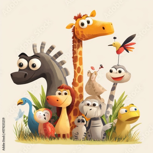 A Group Of Cartoon Animals Standing Together In Grass