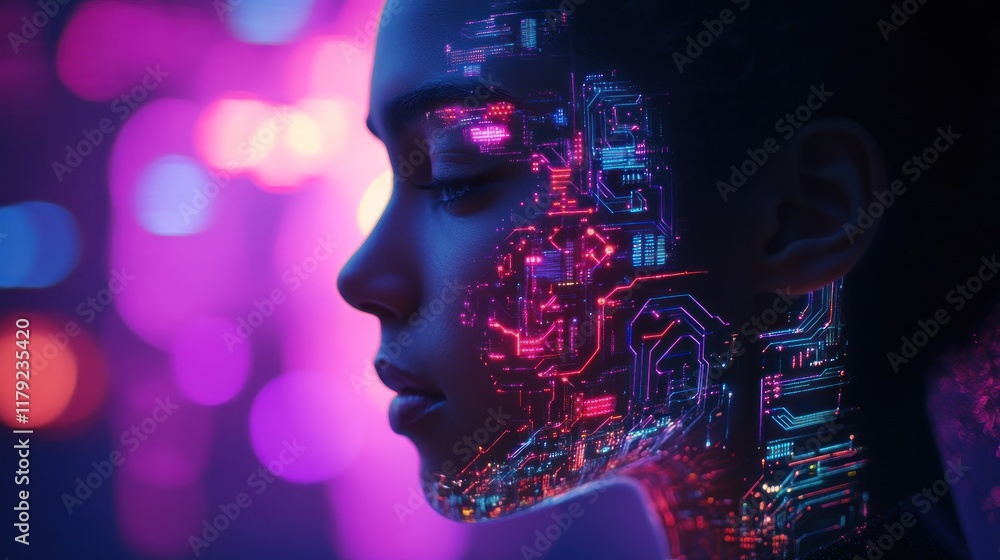Woman's face with futuristic circuit overlay, neon lights. Woman's face with futuristic circuit overlay, neon lights.