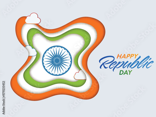 Happy Republic Day Poster Design with Ashoka Wheel on Paper Cut Tricolor Background.