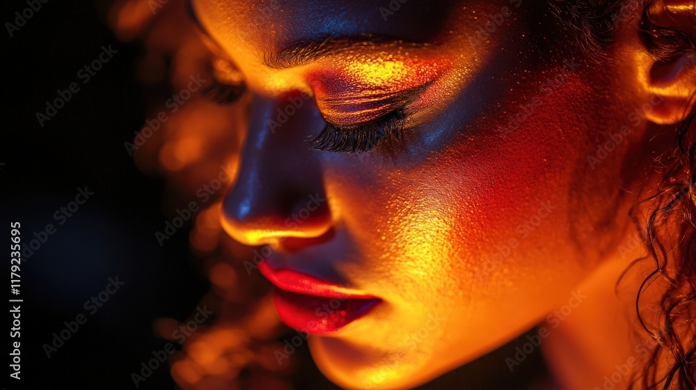 Close-Up Portrait of a Beautiful Woman with Dramatic Lighting and Vibrant Makeup Close-Up Portrait of a Beautiful Woman with Dramatic Lighting and Vibrant Makeup