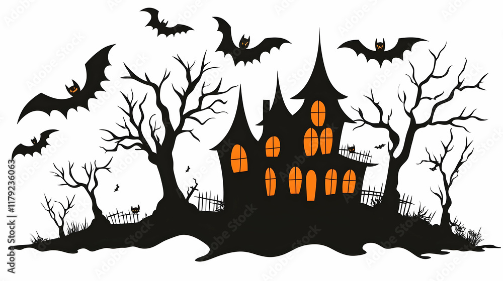 Spooky Haunted House Silhouette with Bats and Trees on a Hill for Halloween