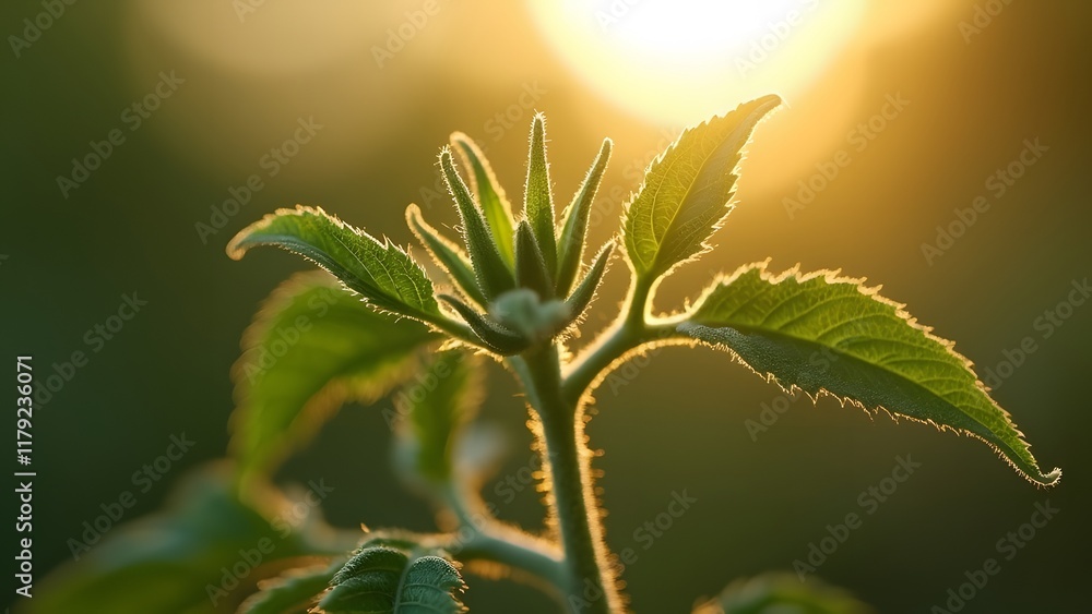 Close-up of young tomato seedling with sunbeams in the background. Generated by AI Close-up of young tomato seedling with sunbeams in the background. Generated by AI