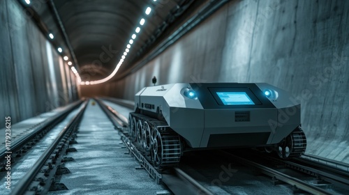 Autonomous tracked vehicle navigating a long tunnel.