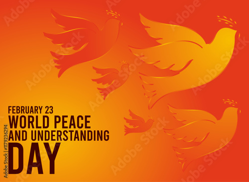World Peace and Understanding Day. February 23. Gradient design background. Flying birds. Poster, banner, card, background.