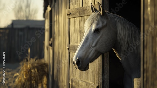 Pale horse peeking from rustic wooden barn doorway at sunset. photo