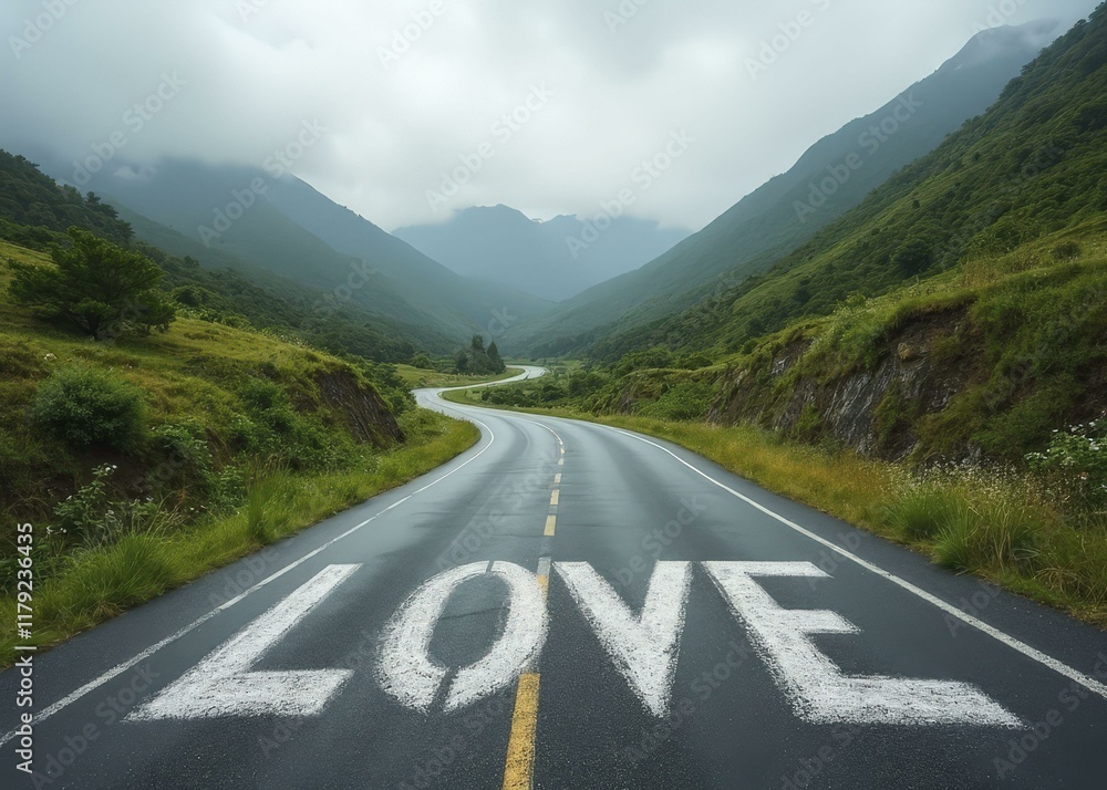 LOVE written in chalk on a winding road through lush hills LOVE written in chalk on a winding road through lush hills