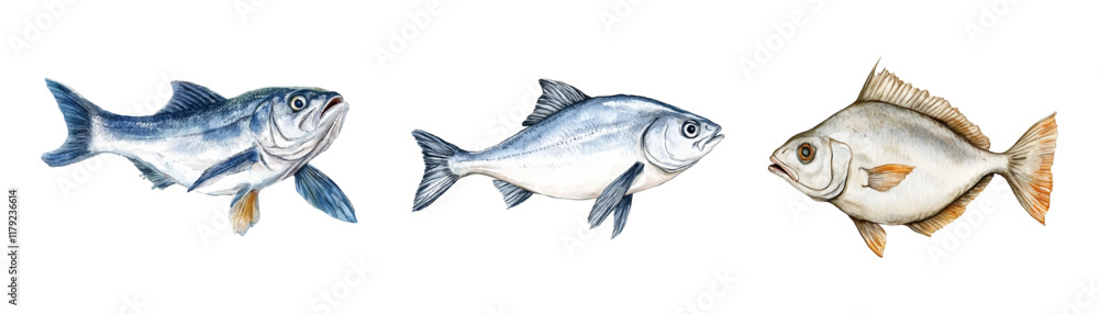 Watercolor set of sea and river fish png. Fish carcasses for cooking watercolor. Concept of seafood ocean and river fish. Vector illustration. Watercolor set of sea and river fish png. Fish carcasses for cooking watercolor. Concept of seafood ocean and river fish. Vector illustration.