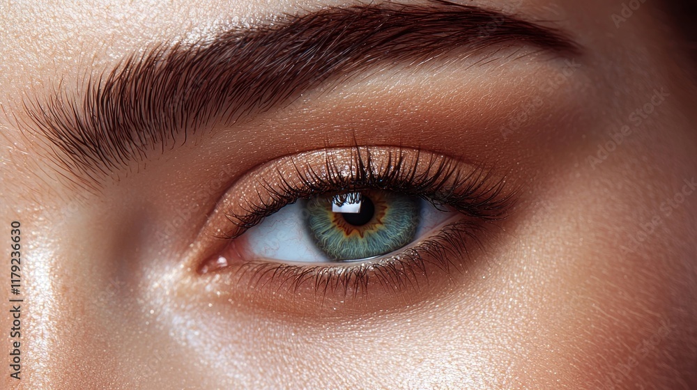Obraz premium Close-up of a Woman's Eye with Makeup, Green Iris, and Defined Eyebrow