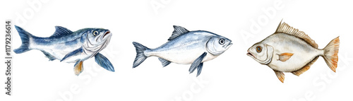 Watercolor set of sea and river fish png. Fish carcasses for cooking watercolor. Concept of seafood ocean and river fish. Vector illustration.