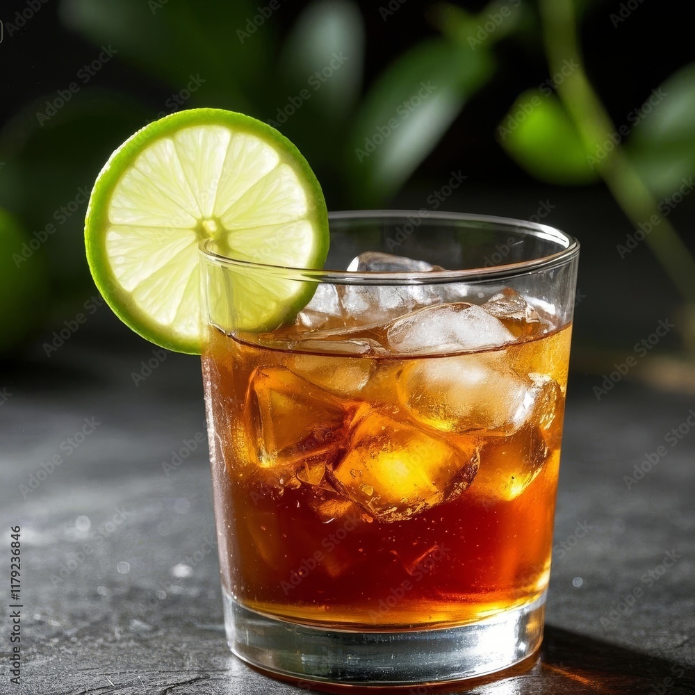 Refreshing Iced Beverage with Lime Garnish on a Dark Surface ready to be served Refreshing Iced Beverage with Lime Garnish on a Dark Surface ready to be served