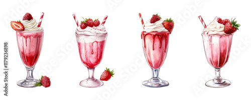 Set of strawberry milkshake glasses watercolor png. Glasses with milkshake decorated with whipped cream and strawberries and raspberries. Vector illustration.