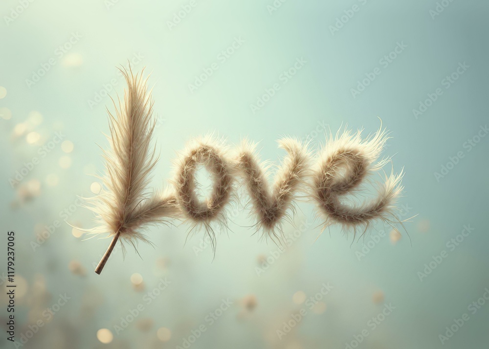 LOVE formed from fluffy feathers drifting through the air with a soft, blurred background LOVE formed from fluffy feathers drifting through the air with a soft, blurred background