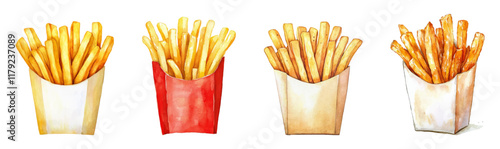 Watercolor set of vintage boxes with french fries. Retro french fries on transparent watercolor background. Vintage fast food illustration. Vector illustration.