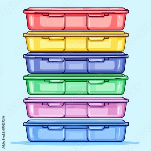 A vibrant stack of colorful plastic containers, perfect for organizing food or other items.  These stackable boxes offer a practical and convenient storage solution for the kitchen or home. photo