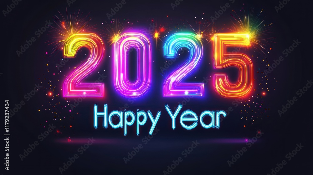 Fototapeta premium Glowing rainbow 2025 Happy Year text with fireworks.
