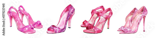 watercolor set of pink sandals png. Fashionable pink women's heels with rhinestones and sparkles watercolor. Concept of fashion, footwear design etc. Vector illustration.