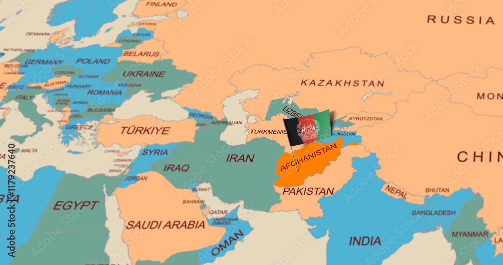 Fototapeta premium Geopolitical Map Highlighting Afghanistan with Flag Marker and Surrounding Nations