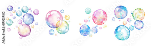 Watercolor soap bubbles. Soap bubbles in flight. Set of colorful soap bubbles on an isolated white background. Vector illustration.
