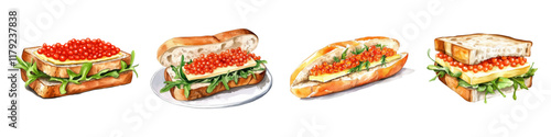 Watercolor set of toasts with red caviar png. Toasts with caviar salad and butter. Sandwiches with caviar. Vector illustration.