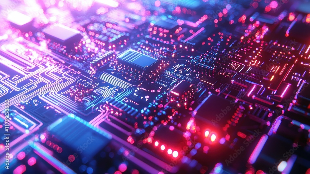 Obraz premium Abstract Circuit Board: Neon Glow, Digital Technology, Futuristic Design