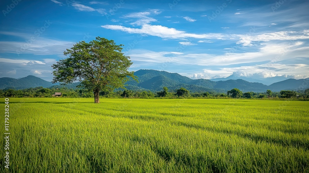 Fototapeta premium Lone tree in vibrant green rice paddy field with mountain backdrop under a blue sky.