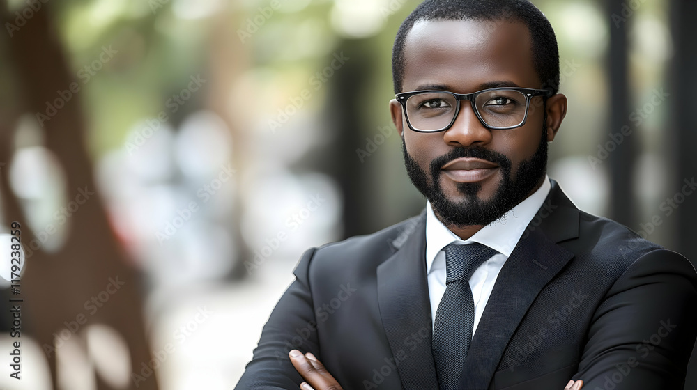 Confident Businessman Stands with Arms Crossed in Blurred Urban Background, Wearing Suit and Tie Confident Businessman Stands with Arms Crossed in Blurred Urban Background, Wearing Suit and Tie