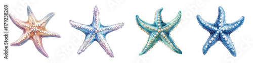 Watercolor pearlescent starfish decorated with pearls. Fantastic starfish in marine colors. Sea fairy elements png. Vector illustration.