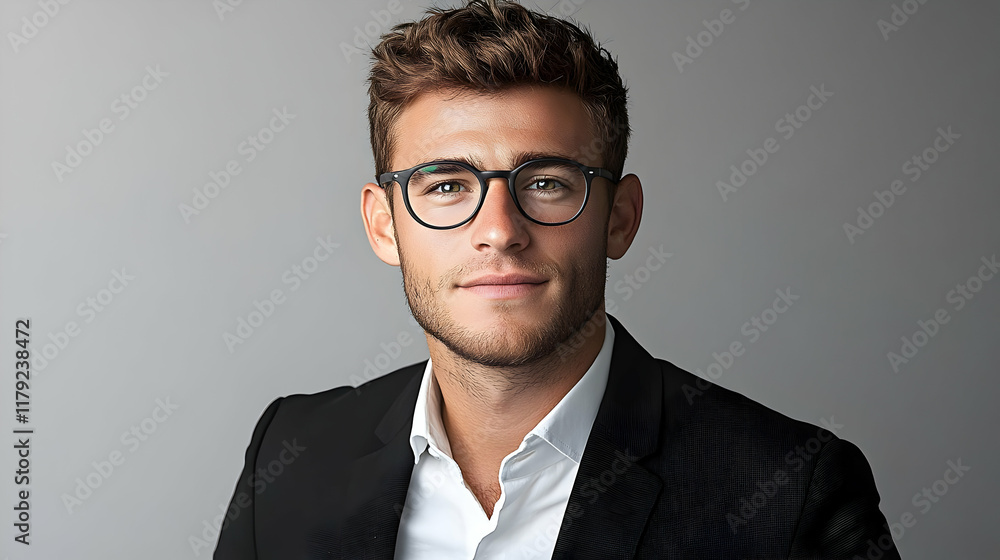 Confident Man in Suit and Glasses Poses Directly for Camera Against Gray Background Confident Man in Suit and Glasses Poses Directly for Camera Against Gray Background