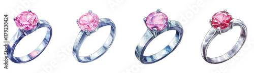 Watercolor set of silver rings with pink stone. The stone is set in an elegant setting with four prongs. Watercolor jewelry. Vector illustration.