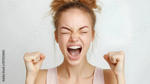 Excited Young Woman Shouts with Joy, Clenching Her Fists in Celebration against a White Backdrop