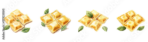 Watercolor set of Italian ravioli png. Ravioli with dough and filling with basil leaf. Italian cuisine. Concept of semi-finished products. Vector illustration.