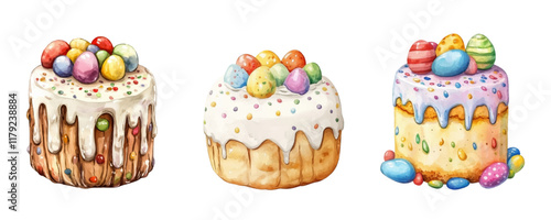Watercolor set of Easter cupcakes. Easter cake covered in white icing dripping down, with colorful sugar balls and eggs on top. Easter clipart elements.