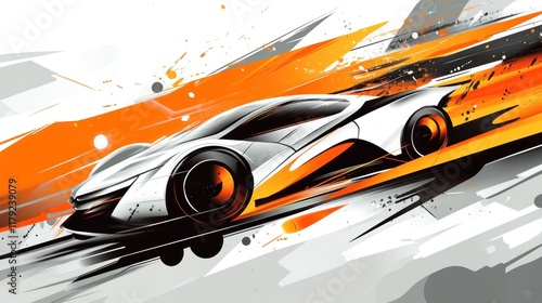 Abstract stylized white and orange sports car speeding.