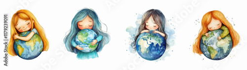 Love platina. Watercolor girl hugging planet earth set. Earth Day. Care and love for the environment and nature. Elements for ecology designs, nature conservation, etc.
