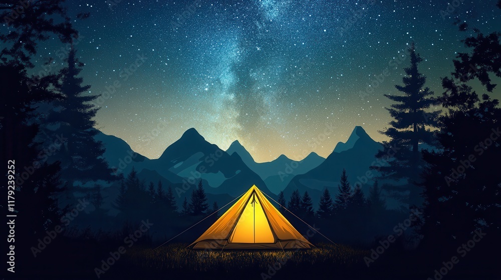 Illuminated tent under starry night sky with mountain silhouette. Illuminated tent under starry night sky with mountain silhouette.