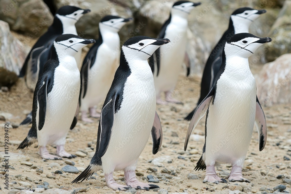 Obraz premium A colony of chinstrap penguins marching in unison across a rocky Antarctic beach.