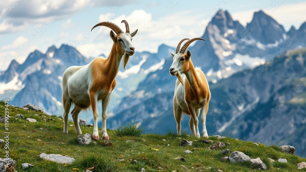 Fototapeta premium Mountain goats graze on grassy slope in stunning alpine landscape under cloudy sky