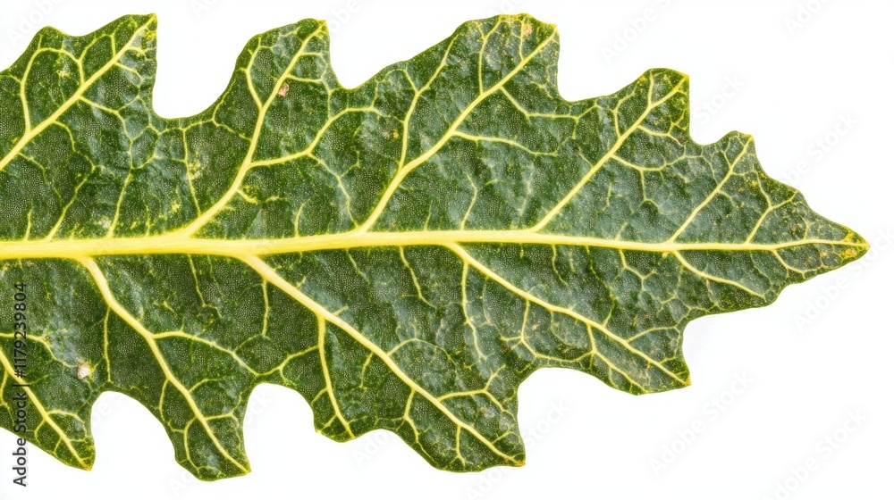 Detailed Close-up of a Single Green Leaf with Yellow Veins Isolated on White. Detailed Close-up of a Single Green Leaf with Yellow Veins Isolated on White.