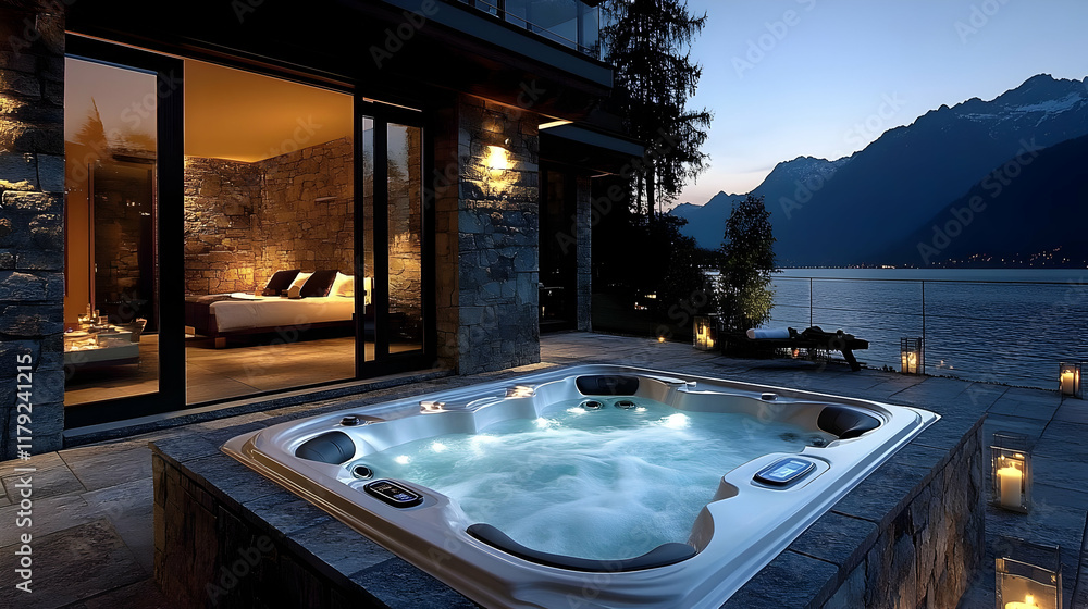 Luxurious Hot Tub Overlooks Serene Lake and Mountain View at Dusk with Lit Candles Luxurious Hot Tub Overlooks Serene Lake and Mountain View at Dusk with Lit Candles