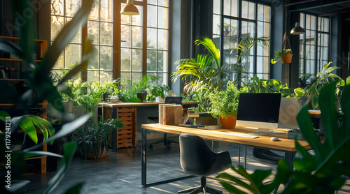 Modern Office Space with Abundant Greenery and Natural Light for a Productive Work Environment photo