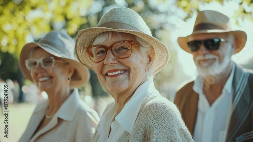 Group of happy elderly people bonding outdoors at the park - Old people in the age of 60, 70, 80 having fun and spending time together, concepts about elderly, seniority and wellness aging