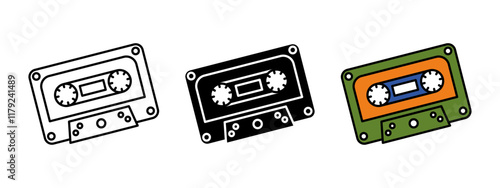 Cassette icon. Audio cassette record vector illustration. Vintage video tape symbol. Analog media magnetic tape sign. Retro 80s audio cassette music pictogram. Plastic colorful audio record concept.
